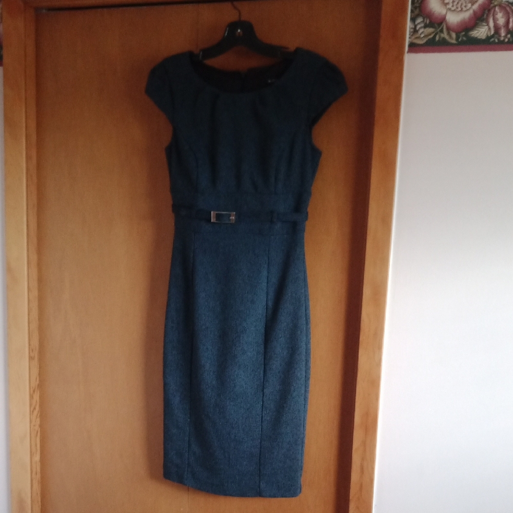 Le Chateau Elegant Blue Midi Dress with Belt